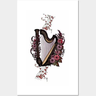 Wonderful harp with colorful flowers. Posters and Art